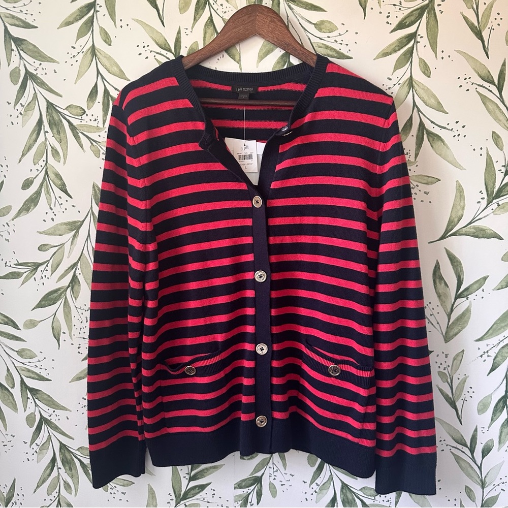 J. Jill Navy and Red Button-Front Cardigan Sweater. Large. New.